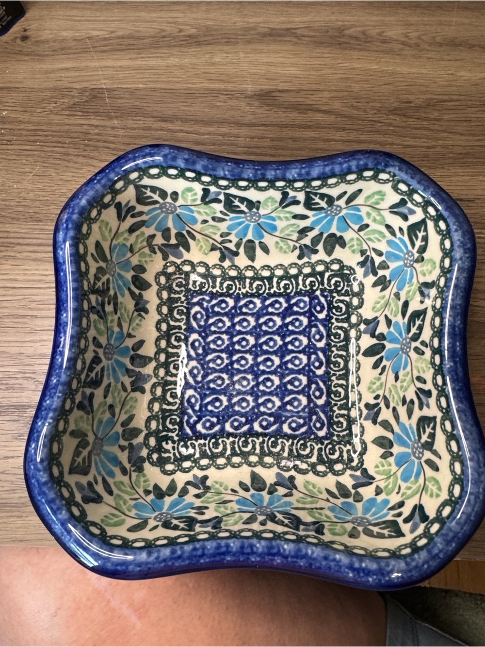 Hand Made &-Painted Polish Stoneware in a Floral Pattern in Blue and Cream